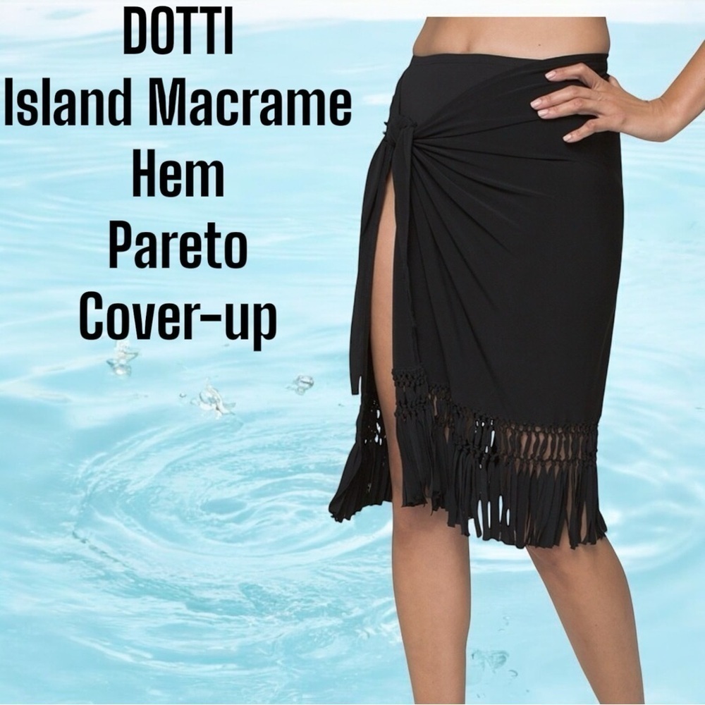 Dotti Black Island Swim Pareo Macrame Hem Boho Tassel Fringe Swimsuit Cover Up